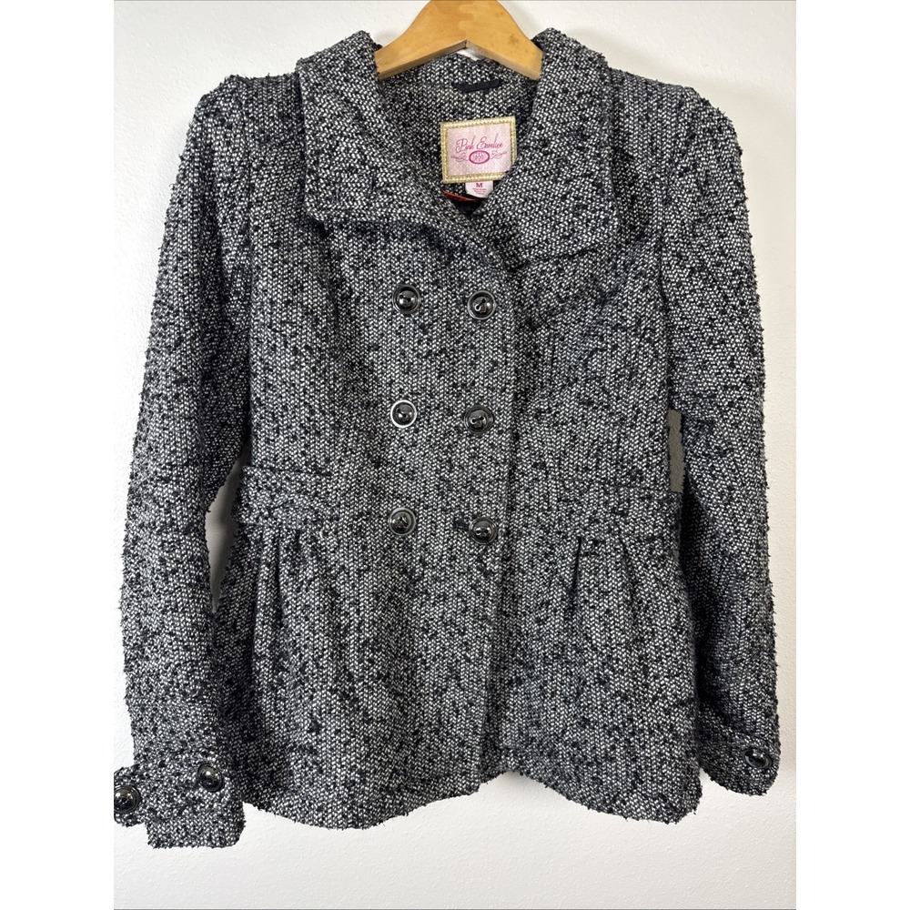 Pink Envelope Black & White Tweed Peplum Pea Coat Jacket Coat Size Medium Womans